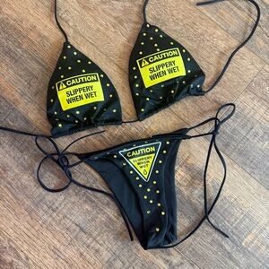 CAUTION SLIPPERY WHEN WET Stripper Exotic Dancewear String Bikini Black Custom